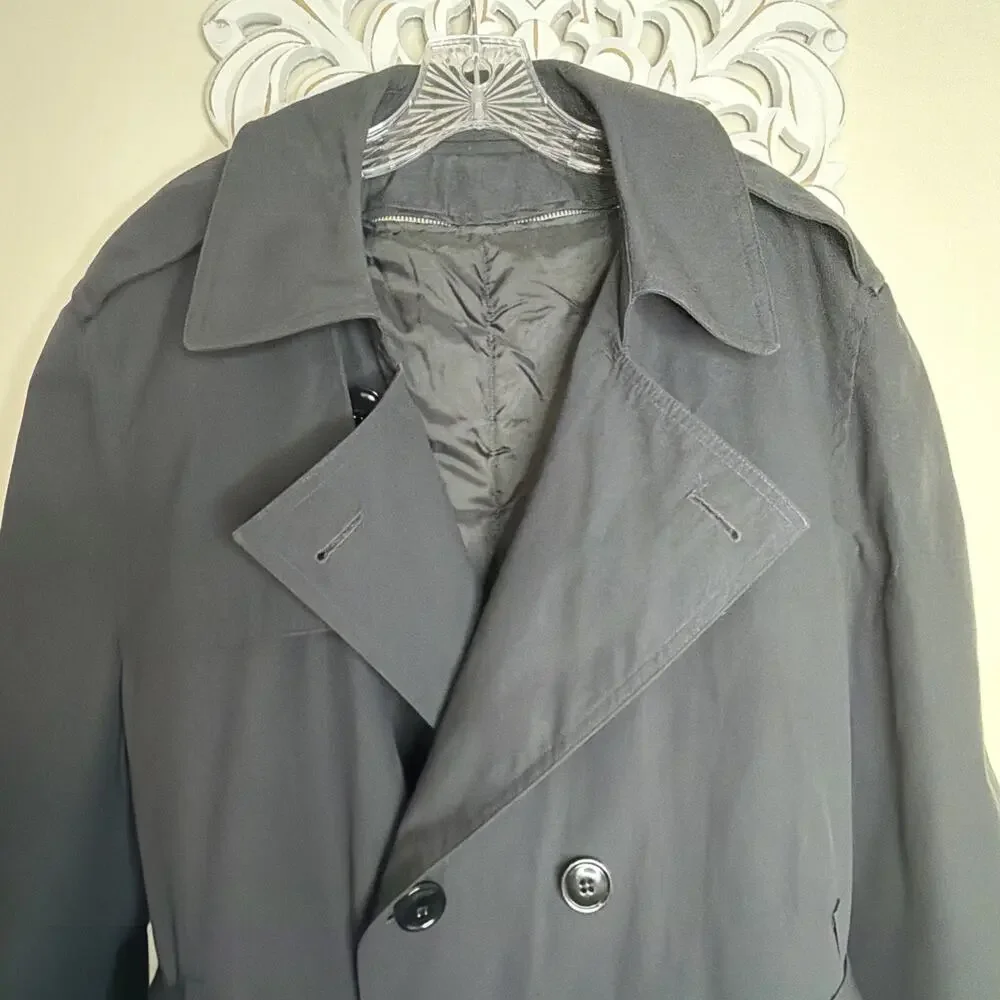 Men's Black Trench Coat 42S Double Breasted Removable Zip Liner All Weather Coat